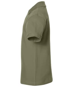 A side view of a classic polo shirt in olive green with short sleeves and a collar. It features a logo.