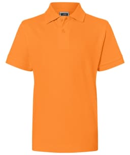 An orange polo shirt with a collar and short sleeves, featuring a logo on the chest.