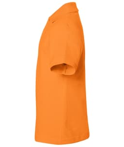 An orange polo shirt in a side view, featuring short sleeves and a collar. The shirt has a logo on it.