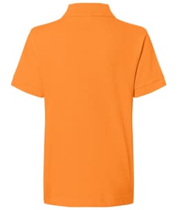 An orange polo shirt for juniors, featuring a collared neckline and short sleeves. It has a logo on the back.
