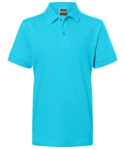 A turquoise polo shirt featuring a collar and a logo on the label. Suitable for juniors.