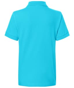 A short-sleeved polo shirt in vibrant aqua blue, featuring a collar and a branded logo on the back.