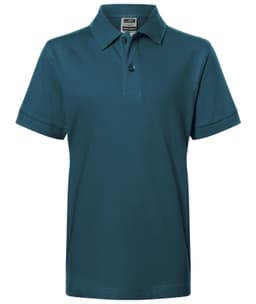 A teal polo shirt with a collar and a single button, featuring rolled sleeves and a brand label.