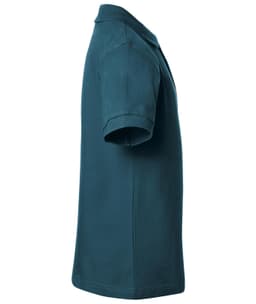 A teal polo shirt featuring short sleeves and a classic collar, complete with a logo.