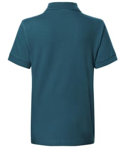 A classic polo shirt in teal colour featuring a collar and short sleeves, with a branding logo.