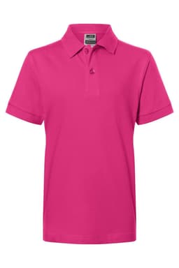 A pink polo shirt with a collar and short sleeves, featuring a branding logo.