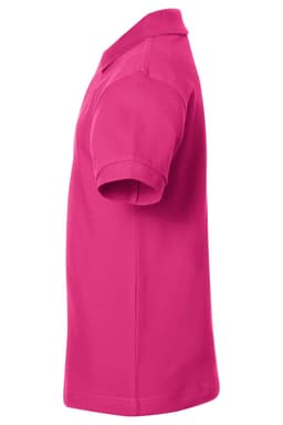 A bright pink polo shirt viewed from the side, featuring short sleeves and a classic collar. It has a logo.
