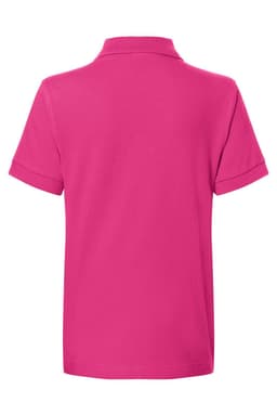 A pink polo shirt with a classic design, featuring a collar and short sleeves. It has a logo on the front.