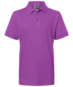 A purple polo shirt featuring a collar and short sleeves, with a logo displayed on the front.