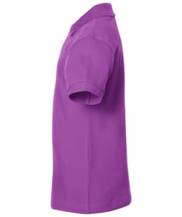 A purple polo shirt displayed from the side, featuring a collar and short sleeves. The shirt has a logo.