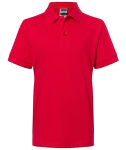 A red Classic Polo Junior shirt with a collared neckline and short sleeves, featuring a logo.