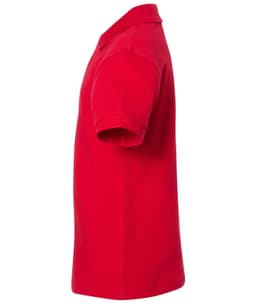A red polo shirt featuring a collar and short sleeves, with a logo on the side.