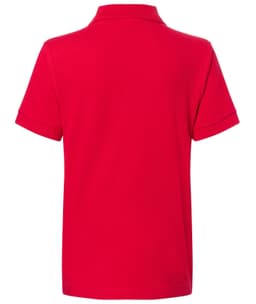 A red polo shirt with a collar and short sleeves, featuring a logo on the back.
