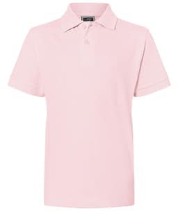 A pink Classic Polo Junior shirt featuring a collar and short sleeves, with a logo present.