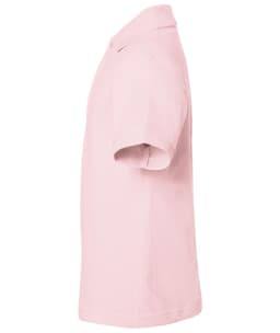 A side view of a pink Classic Polo Junior shirt with a collar. The shirt features short sleeves and has a logo.