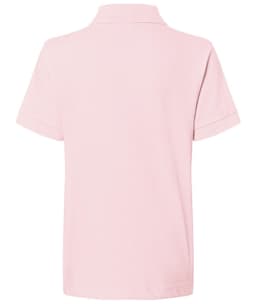 A pink polo shirt with a classic collar and short sleeves, featuring a logo on the back.