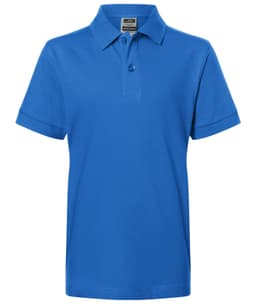 A blue polo shirt with a collar, short sleeves, and a button placket, featuring a branding logo.