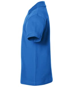 A blue Classic Polo Junior shirt with short sleeves and a collar, featuring a logo on the front.