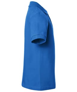A blue polo shirt with short sleeves, featuring a collar and a side view showcasing its smooth texture.