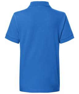 A blue polo shirt with a classic design, featuring short sleeves and a collar, displaying a logo on the back.