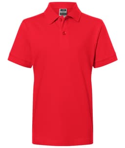 A red polo shirt with a classic design featuring a collar and short sleeves. It has a label inside and includes a logo.