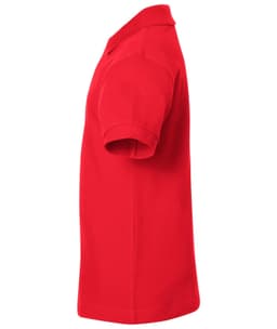 A red polo shirt displayed from the side, featuring a collar and short sleeves. It has a logo on it.