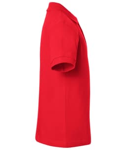 A red polo shirt, styled with a classic design, featuring short sleeves and a collar. It includes a logo.