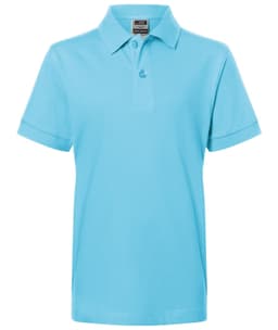 A light blue polo shirt with a collar and short sleeves, featuring a logo on the chest.