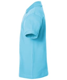 A turquoise polo shirt with a classic design, featuring short sleeves and a collar. It has a logo on the chest.