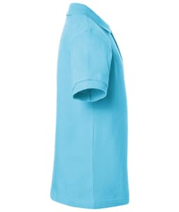 A light blue polo shirt with a collar and short sleeves, featuring a logo on the chest.