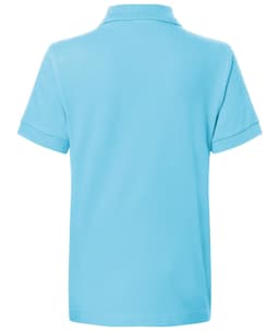 A blue polo shirt with a classic design, featuring short sleeves and a collar, and a logo on the back.