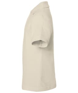A classic polo shirt in a light beige colour, featuring short sleeves and a collar, with a logo displayed.