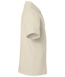 A beige polo shirt with short sleeves and a collar, featuring a logo on the side.