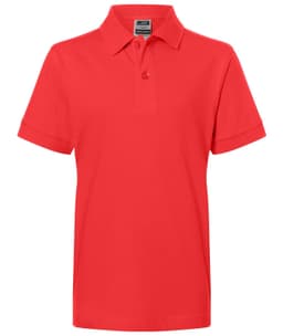 A red polo shirt with a classic collar and short sleeves. It has a brand logo on the chest area.