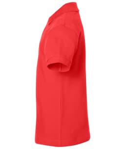 A red polo shirt with a classic design and short sleeves, featuring a logo on the front.