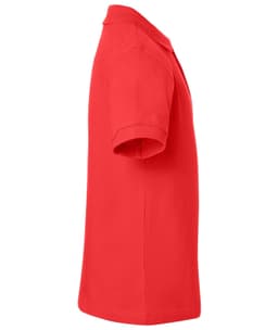 A red polo shirt viewed from the side, featuring a collar and short sleeves. It has a logo on it.