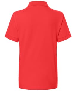 A red polo shirt with short sleeves and a collar, featuring a logo on the back.