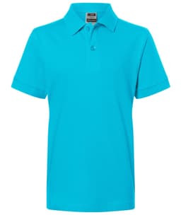 A turquoise polo shirt with a classic collar and short sleeves, featuring a logo on the label.