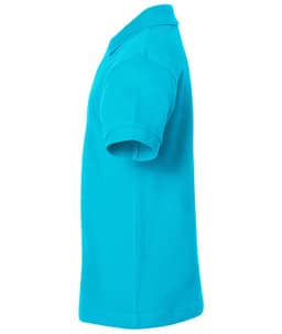 A side view of a bright turquoise polo shirt. The shirt features short sleeves and a collar. It has a logo on the front.