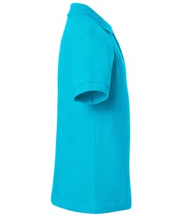 A turquoise polo shirt displayed from the side, featuring short sleeves and a collar, with a logo present.