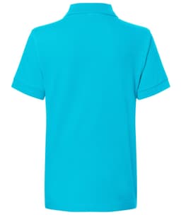 A turquoise polo shirt with a collar and short sleeves, featuring a branded logo.