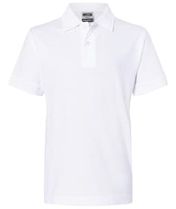 A white polo shirt with a classic collar and short sleeves, featuring a branding logo.