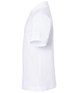 A white polo shirt with short sleeves, featuring a collar and a logo on the chest.