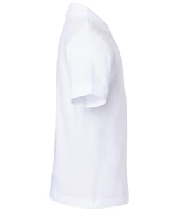 A white polo shirt with short sleeves and a collar. The shirt features a logo on the side.
