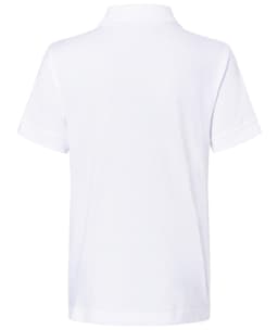 A white polo shirt with a classic design and a collar, featuring short sleeves and a logo.