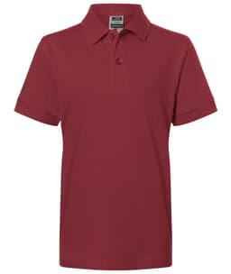 A red polo shirt with a classic collar and short sleeves, featuring a tag and no visible logos.