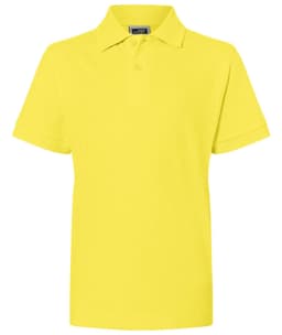 A yellow polo shirt with a collar and short sleeves, featuring a logo on the chest.