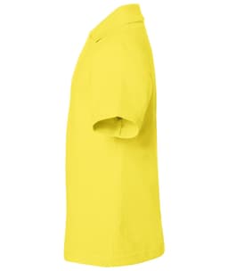 A yellow polo shirt is displayed, featuring a collar and short sleeves. It has a logo on the front.