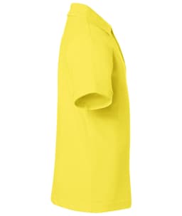 A yellow polo shirt featuring a collar and short sleeves, with a branding logo on the side.