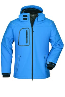 A blue men's winter softshell jacket featuring a zip closure, hood, and a front pocket with a logo.